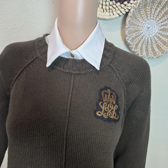 LAUREN RALPH LAUREN Womens Sweater Layered Bullion Patch Logo Brown Small - Picture 3 of 16